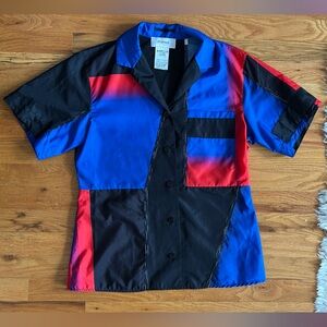 SPORTMAX Black/ Blue/ Red Short Sleeve BUTTON-UP Top Sz 10